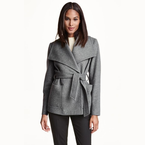 H&M Jackets & Blazers - H&M Gray Wool Blend Asymmetrical Belted Wrap Coat